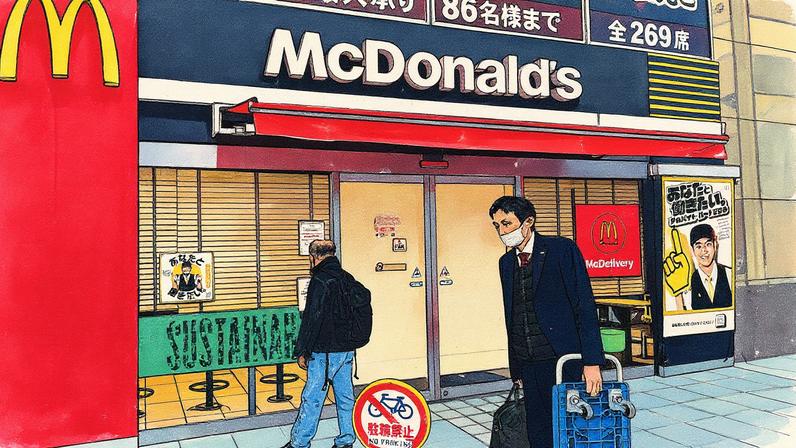 Homem lê placa em frente a filial do McDonald's em Tóquio (Foto: Rocky Swift - 15.mar.24/Reuters)