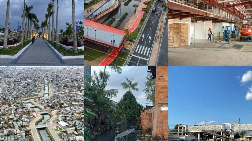Seis locais de obras para o COP (no sentido horário): Parque da Cidade, trecho entregue do Parque Linear da Doca, Porto Futuro II, bacia Tucunduba, um dos canais da bacia Mata Fome (obra de macrodrenagem não iniciada) e o BRT. (Foto: Marcus Passos/g1 e Reprodução)