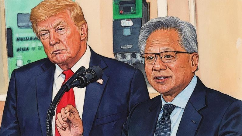 O presidente dos EUA, Donald Trump (E), ouve o CEO da Nvidia, Jensen Huang, falar no Cross Hall da Casa Branca durante um evento sobre "Investindo na América" em 30 de abril de 2025, em Washington, DC. (Foto: Andrew Harnik | Getty Images)