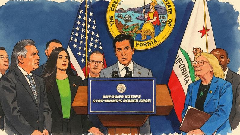 Anúncio de congressistas em Sacramento, no dia 18 de agosto de 2025. (Foto: Tran Nguyen/AP)
