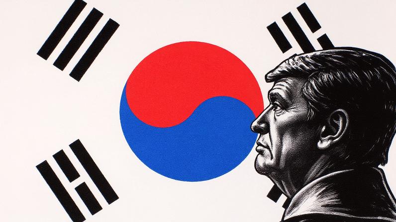 Modelo em miniatura de Donald Trump e bandeira da Coreia do Sul (Foto: Dado Ruvic-24.jul.25/Reuters)