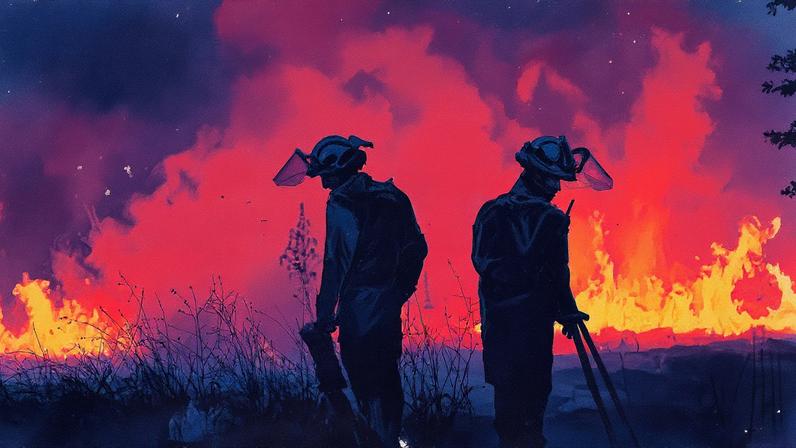 Bombeiros atravessam chamas durante operação de combate a incêndio em Vilaza, na Espanha (Foto: Miguel Riopa - 12.ago.25/AFP)