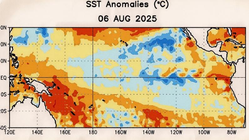 Temperatura média da superfície do mar em relação à média. (Foto: NOAA/Via Climatempo)