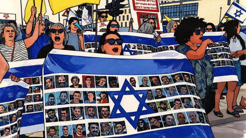 Manifestantes exibem grandes bandeiras israelenses com fotos de reféns israelenses mantidos por militantes palestinos na Faixa de Gaza desde 7 de outubro de 2023, durante um protesto antigovernamental pedindo ações para protegê-los, do lado de fora do gabinete do primeiro-ministro em Jerusalém (Foto: AHMAD GHARABLI / AFP)