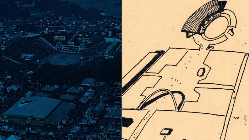 Estádio de rodeios do Parque do Peão nos anos 1990 e o projeto de Oscar Niemeyer para a Festa do Peão de Barretos (Foto: Acervo Os Independentes/Jornal O Diário)