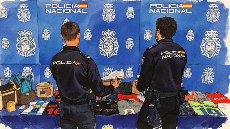 Dois dos agentes do grupo de propriedade industrial da Polícia Nacional, no dia 14 de maio, nas dependências policiais de Canillas, em Madrid. (Foto: SAMUEL SÁNCHEZ)