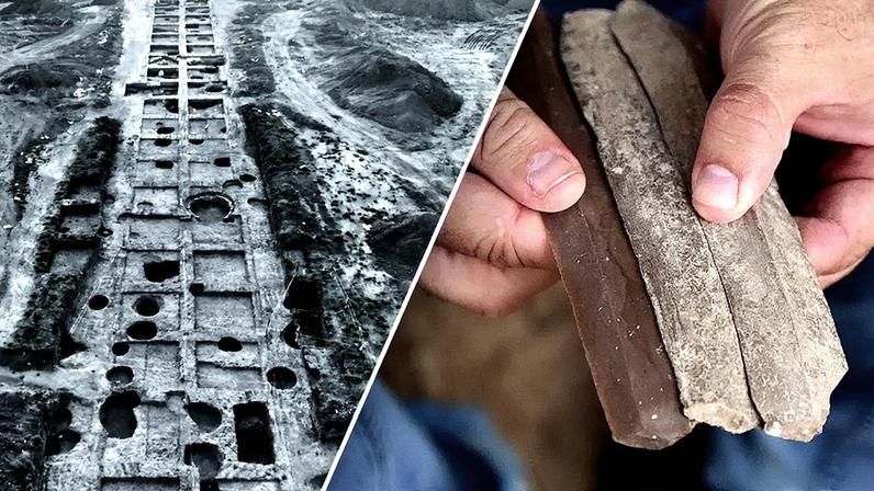 Arqueólogos mostram detalhes das lâminas e fábrica no sul de Israel. (Foto: Autoridade de Antiguidades de Israel)