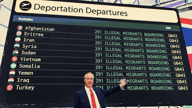 Nigel Farage posa nesta terça-feira em Oxford diante de um painel falso de futuros voos de deportação de imigrantes. (Foto: TOLGA AKMEN/EFE)
