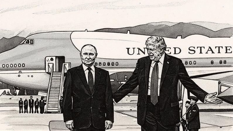 Presidentes dos EUA, Donald Trump (D), e da Rússia, Vladimir Putin, antes de reunião em base militar de Anchorage, no estado americano do Alasca (Foto: Sergey Bobylev / POOL / AFP)