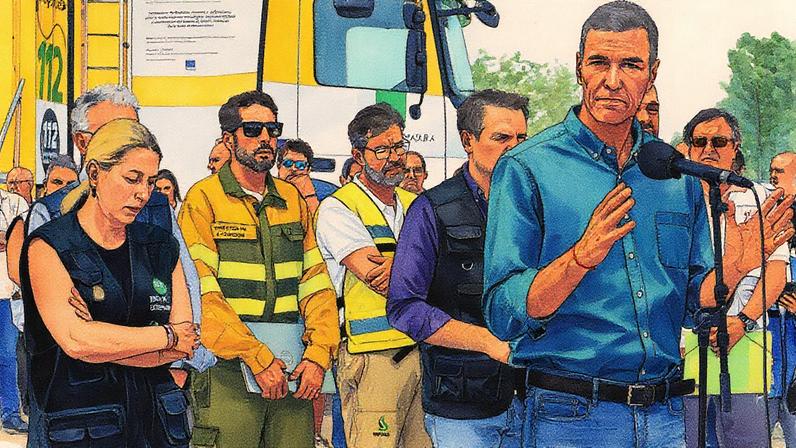 Pedro Sánchez e a presidenta da Junta de Extremadura, María Guardiola, durante visita ao Puesto de Mando Avanzado do incêndio de Jarilla (Foto: Reprodução)