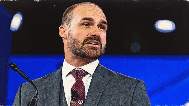Eduardo Bolsonaro (PL-SP) discursa durante a Conferência da Ação Política Conservadora (CPAC, na sigla em inglês) em Maryland, nos EUA, em fevereiro de 2025 (Foto: Saul Loeb/AFP)