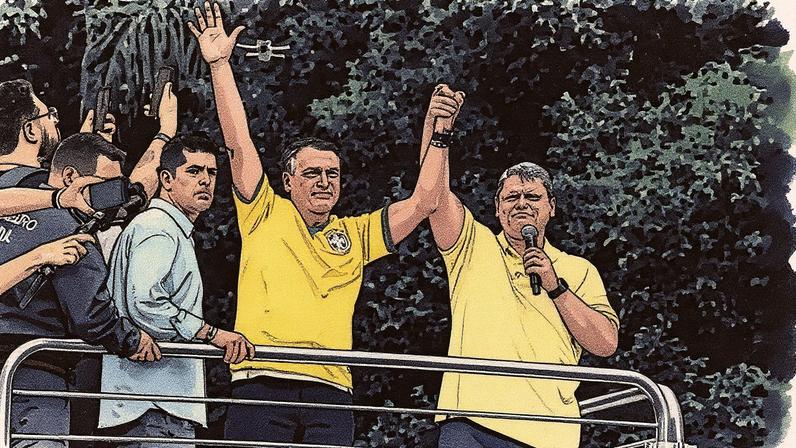 O ex-presidente Jair Bolsonaro e o governador do Estado de São Paulo, Tarcisio Freitas, em manifestação na Avenida Paulista (Foto: Reprodução)