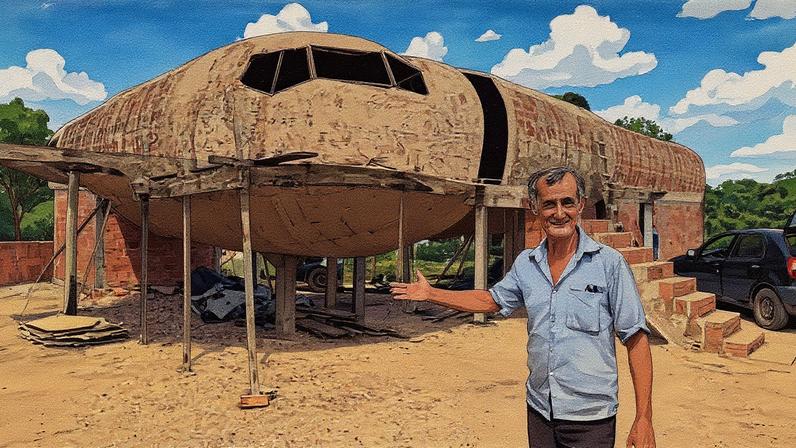 Um aposentado de 71 anos está construindo uma casa em formato de avião em Rondônia (Foto: TikTok/@michelle_arauj0/Reprodução)