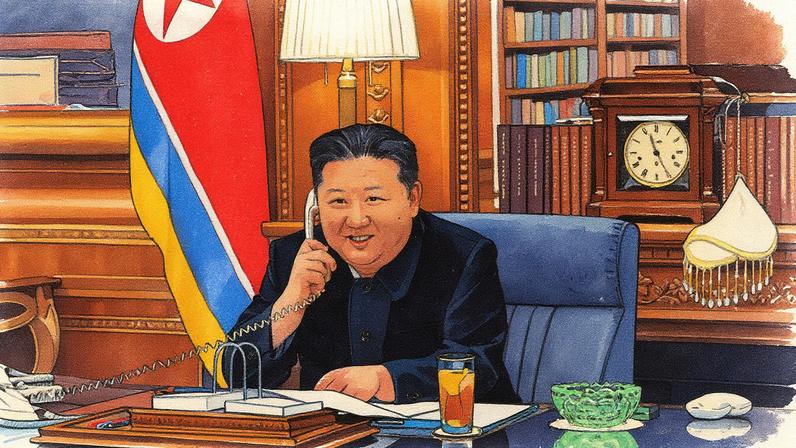 Líder norte-coreano Kim Jong Un durante telefonema com o presidente da Rússia, Vladimir Putin, em foto de 12 de agosto de 2025 distribuída pela agência norte-coreana KCNA (Foto: STR/AFP)