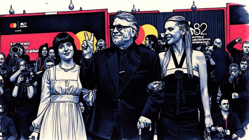 Guillermo del Toro, acompanhado por sua filha Marisa del Toro e sua esposa Kim Morgan, na alfombra roja do festival de Veneza (Foto: Reprodução)