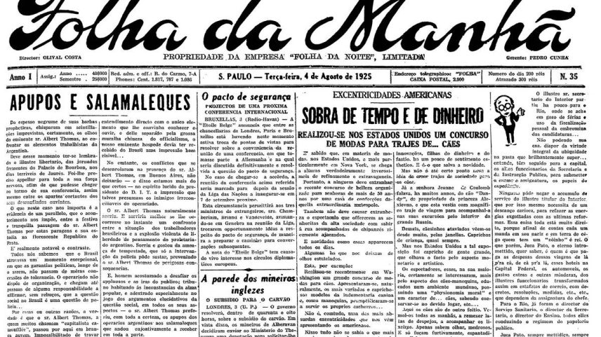 Primeira Página da Folha da Manhã de 4 de agosto de 1925 - Reprodução (Foto: Reprodução)