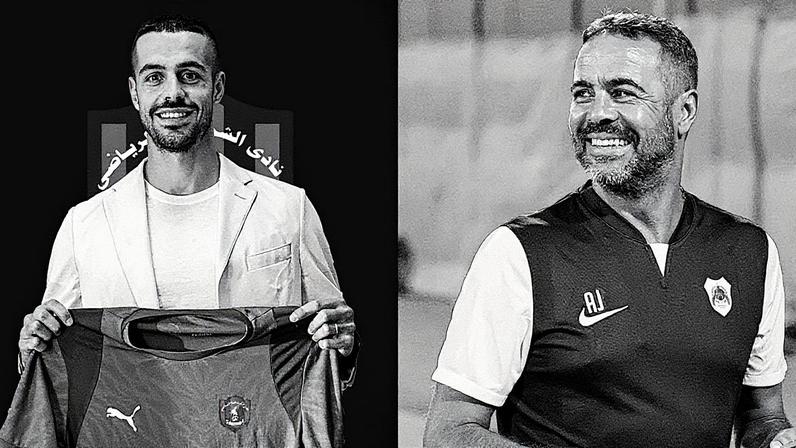 Arthur Jorge filho, zagueiro recém contratado pelo Al-Shahaniya e seu pai, o ex-treinador alvinegro Artur Jorge, atual técnico do Al-Rayyan (Foto: Reprodução / Instagram e divulgação/Al-Rayyan)
