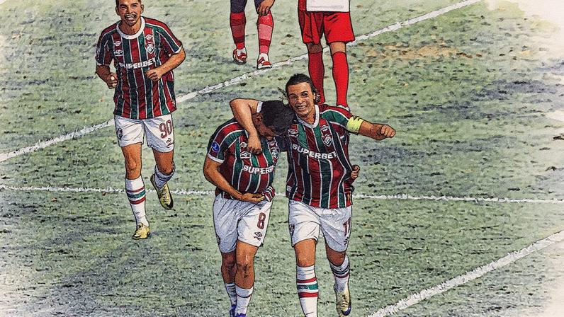 Serna (esquerda), Martinelli (centro) e Canobbio (direita) comemorando o segundo gol do Fluminense (Foto: MARINA GARCIA / FLUMINENSE F.C.)