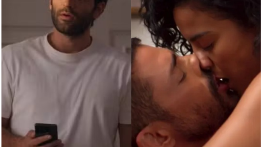 Afonso (Humberto Carrão) flagra Fátima (Bella Campos) e César (Cauã Reymond) na cama (Foto: Reprodução/TV Globo)