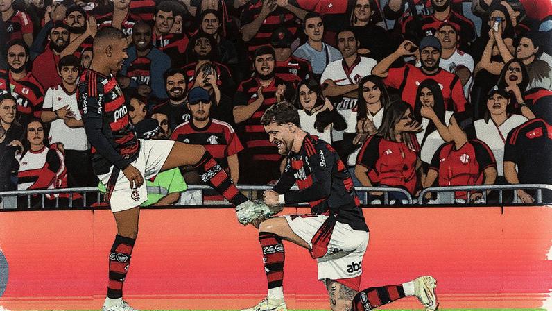 Leo Pereira simula engraxar a chuteira de Samuel Lino após o atacante lhe dar a assistência para seu gol pelo Flamengo — Foto: Gilvan de Souza/Flamengo
