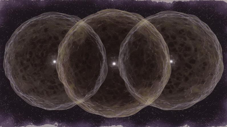 Recriação da supernova SN 2021yfj, com seu núcleo de oxigênio/silício e a expulsão de silício (cinza), enxofre (amarelo) e argônio (roxo). (Foto: Observatório Keck / Adam Makarenko)