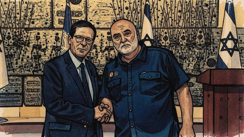 O presidente de Israel, Isaac Herzog, e o chef fundador da World Central Kitchen, José Andrés, durante o encontro mantido no último domingo. A imagem foi divulgada na conta de Herzog na rede social X. (Foto: Reprodução)