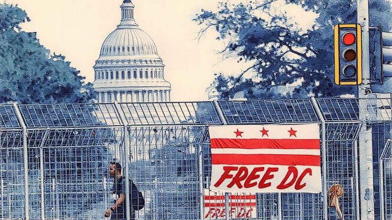 Uma faixa exibindo a bandeira de Washington, D.C., com um texto dizendo "Free DC" pendurada em uma passarela com vista para o Capitólio dos EUA, após o presidente dos EUA, Donald Trump, anunciar a federalização do Departamento de Polícia Metropolitana sob a Lei de Autonomia para ajudar na prevenção do crime na capital do país, em Washington, D.C., EUA, 12 de agosto de 2025. (Foto: Jonathan Ernst | Reuters)