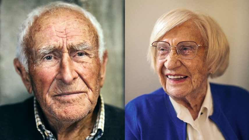 Eustaquio Pérez, 104 anos retratado em Beade (Ourense) e Moni Gamecho, 102, em sua casa de Barcelona. (Foto: Caterina Barjau)