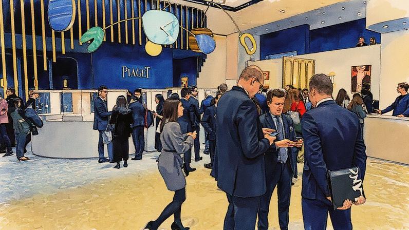 Visitantes e vendedores estão no estande do relojoeiro e joalheiro de luxo suíço Piaget, durante a feira de relógios de luxo "Watches and Wonders Geneva", em 1º de abril de 2025. (Foto: Fabrice Coffrini | Afp | Getty Images)