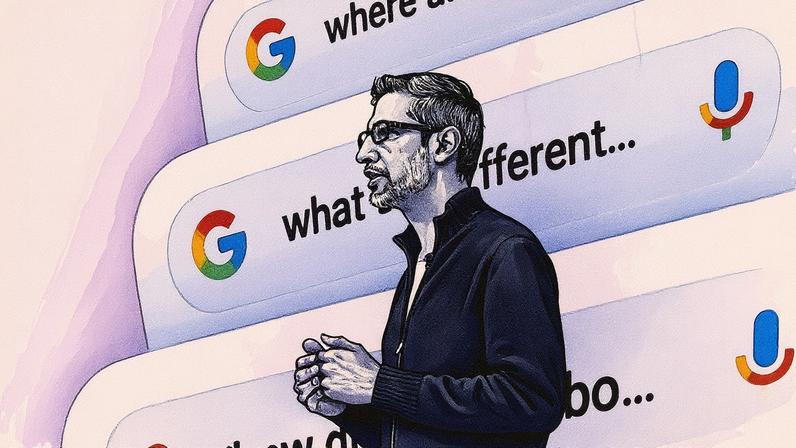 O CEO do Google, Sundar Pichai, anuncia o Modo IA na Busca do Google em evento da empresa nos EUA (Foto: Camille Cohen - 20.mai.2025/AFP)