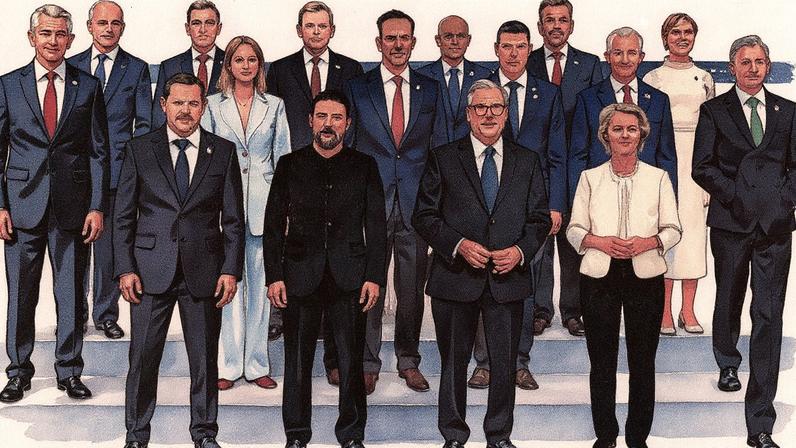 Primeiro-ministro polonês Donald Tusk, presidente ucraniano Volodymyr Zelensky, presidente francês Emmanuel Macron, primeiro-ministro britânico Keir Starmer e presidente da Comissão Europeia Ursula von der Leyen posam para uma foto de família durante uma cúpula da "coalizão dos dispostos" no Palácio do Eliseu em Paris no dia 27 de março. (Foto: Ludovic Marin/AFP via Getty Images)