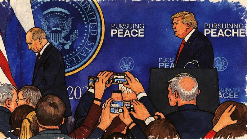 Vladímir Putin e Donald Trump, ao término da conferência de imprensa no Alasca, em 15 de agosto. (Foto: Jae C. Hong/AP)