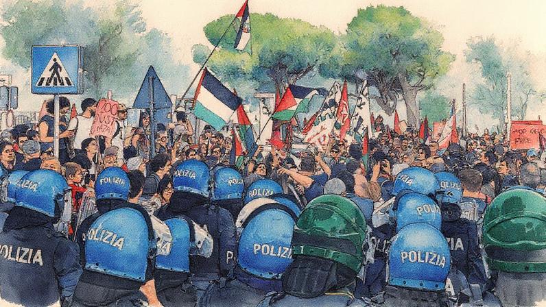 Protesto em Veneza em apoio a Gaza e ao povo palestino durante o Festival Internacional de Cinema de Veneza de 2025 (Foto: Reprodução)