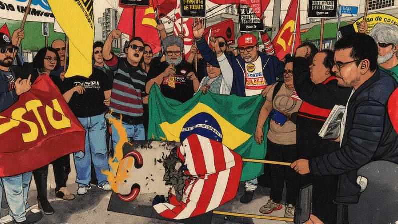 Manifestação após os impostos comerciais e sanções do governo dos EUA ao Brasil, em frente ao consulado dos EUA em São Paulo (Foto: Bruno Santos/Folhapress)