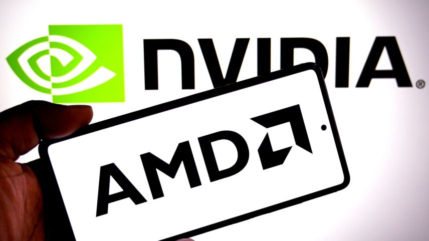 Logotipo da AMD exibido em um smartphone com um logotipo da Nvidia ao fundo (Foto: Avishek Das/SOPA Images/LightRocket via Getty Images)