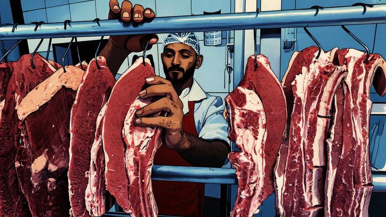 Um açougueiro organiza carnes em um açougue em São Paulo, Brasil (Foto: Nelson Almeida/AFP)