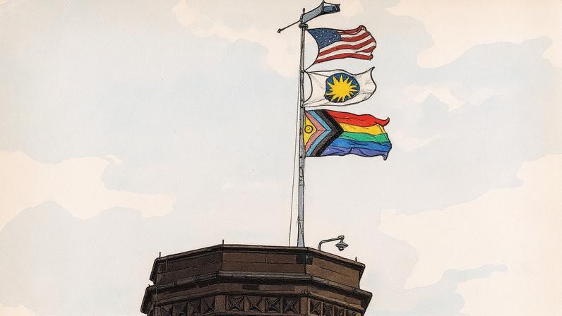 Três bandeiras (EUA, Smithsonian Institution e Intersex-Inclusive Progress Pride) no topo do Castelo Smithsonian em Washington, DC, foram usadas como exemplo de movimentos recentes questionáveis na lista da Casa Branca. (Foto: Smithsonian Institution)