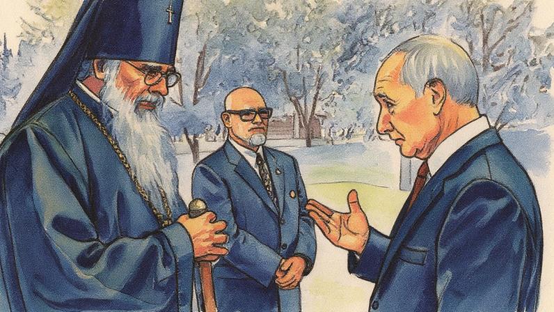 O presidente da Rússia, Vladimir Putin, à direita, e Alexei (John Trader), Arcebispo da Diocese da Igreja Ortodoxa da América no Alasca, conversam após depositarem flores nos túmulos de soldados soviéticos que morreram durante a Segunda Guerra Mundial no Cemitério Nacional de Fort Richardson, Alasca, na sexta-feira, 15 de agosto de 2025, após se encontrarem com o presidente dos EUA, Donald Trump. (Foto: Gavriil Grigorov, Sputnik, Kremlin Pool Photo via AP)