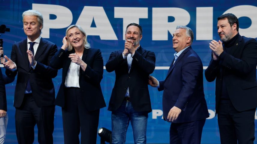 Geert Wilders, da Holanda, Marine Le Pen, da França, Santiago Abascal, da Espanha, Viktor Orbán, da Hungria, e Matteo Salvini, da Itália, em fevereiro passado em Madrid. (Foto: Sergio Pérez/EFE)