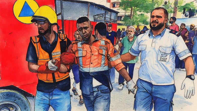Médicos palestinos transportam homem ferido para o Hospital Nasser em Khan Yunis, no sul da Faixa de Gaza, após ataques israelenses. 25/08/2025 - (Foto: AFP)