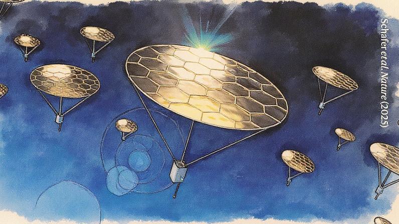 Dispositivos (ilustração do artista) mantidos no ar pela luz solar poderiam levar sensores a uma camada da atmosfera pouco estudada. (Foto: Schafer et al. Nature (2025))