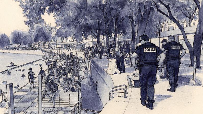 Pessoas e turistas nadam e tomam sol no local seguro para banhos Bras Marie, no rio Sena, sob vigilância policial, em Paris, em 17 de agosto de 2025 (Foto: Antoine Gyori/Getty Images)