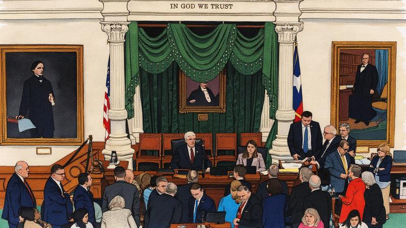 O vice-governador do Texas, Dan Patrick, discursa aos legisladores durante sessão no Senado em que republicanos aprovaram projeto de lei que redesenhou distritos eleitorais do estado (Foto: Sergio Flores/Reuters)
