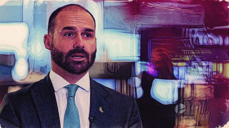 Eduardo Bolsonaro fala à agência de notícias Reuters em Washington (EUA) - Jessica Koscielniak - 14.ago.25 (Foto: Jessica Koscielniak/Reuters)