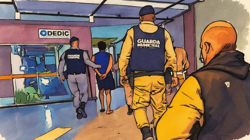 Agentes encaminham homem para a 12ª DP em Copacabana (Foto: Reprodução)