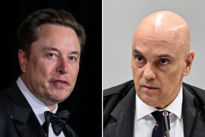 Elon Musk, dono da rede social X, e o ministro Alexandre de Moraes, do STF. (Foto: Etienne Laurent e Evaristo Sá/AFP)