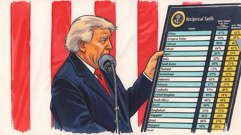 Trump carrega placa gigante que mostra tarifas impostas aos produtos de outros países (Foto: Reprodução / CNN)