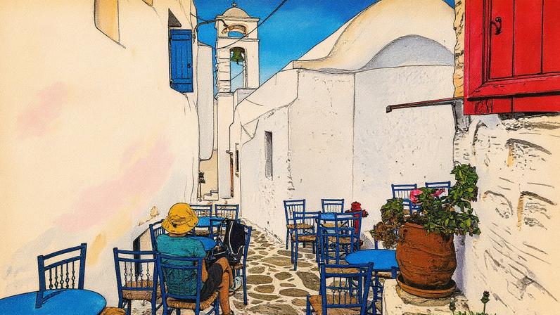 Mesas de uma das tabernas na cidade de Chora, na ilha de Amorgos (Grécia). (Foto: Pawel Kazmierczak/Alamy/CORDON PRESS)
