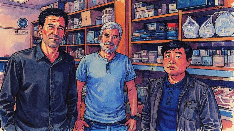 César de la Fuente, Marcelo Torres e Fangping Wan, integrantes do laboratório biotecnológico que dirige o cientista espanhol na Universidade da Pensilvânia. (Foto: Jenny Bai)