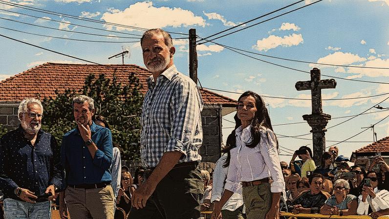 Os reis Felipe VI e Letizia visitam a paróquia de Medieros, em Monterrei (Ourense), onde se reuniram com uma representação de vizinhos afetados pelos incêndios, nesta quinta-feira. (Foto: Brais Lorenzo/EFE)